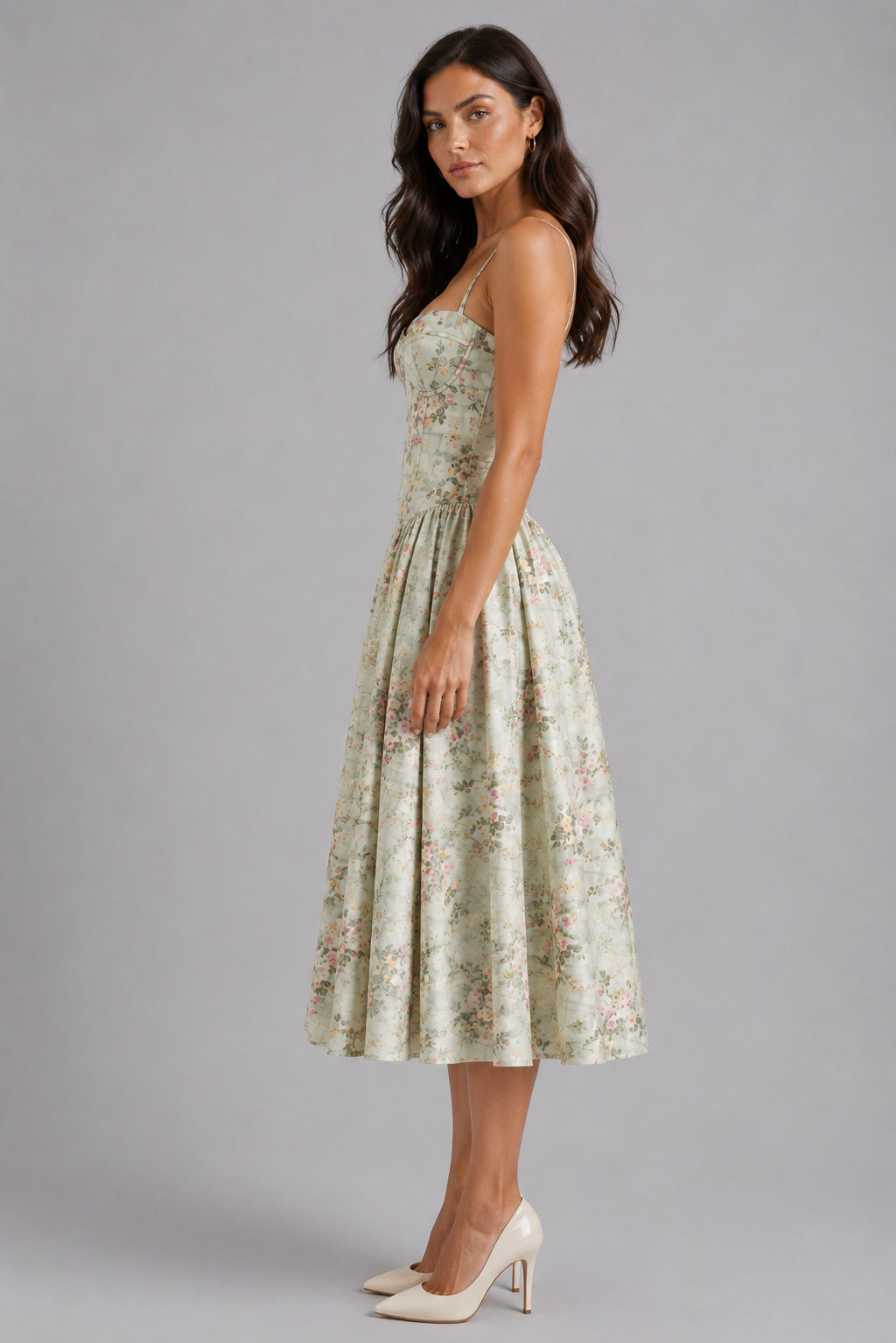 Women’s Floral Corset Midi Dress – Sweetheart Neck Wedding Guest Style