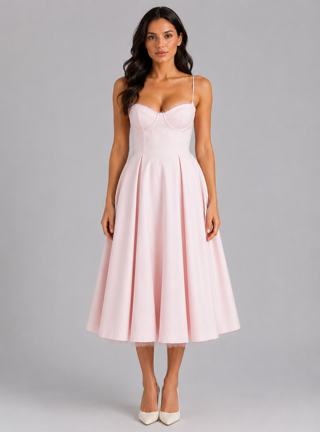 Women’s Corset Midi Dress with Full Skirt – Elegant Occasion Style