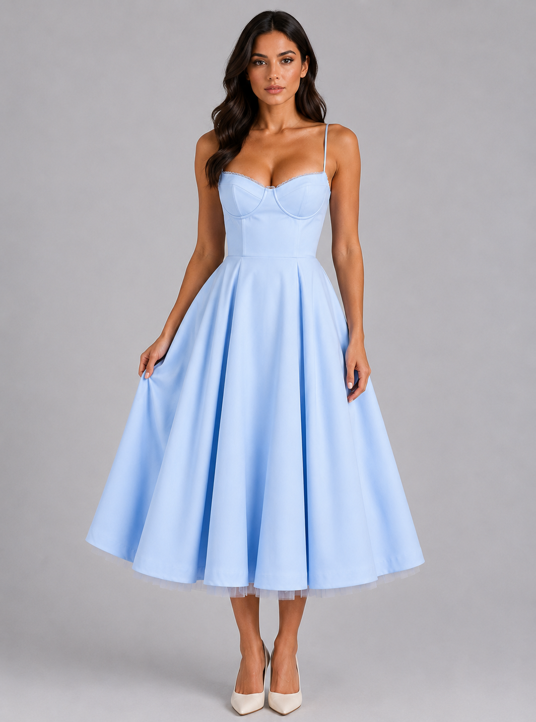 Women’s Corset Midi Dress with Full Skirt – Elegant Occasion Style