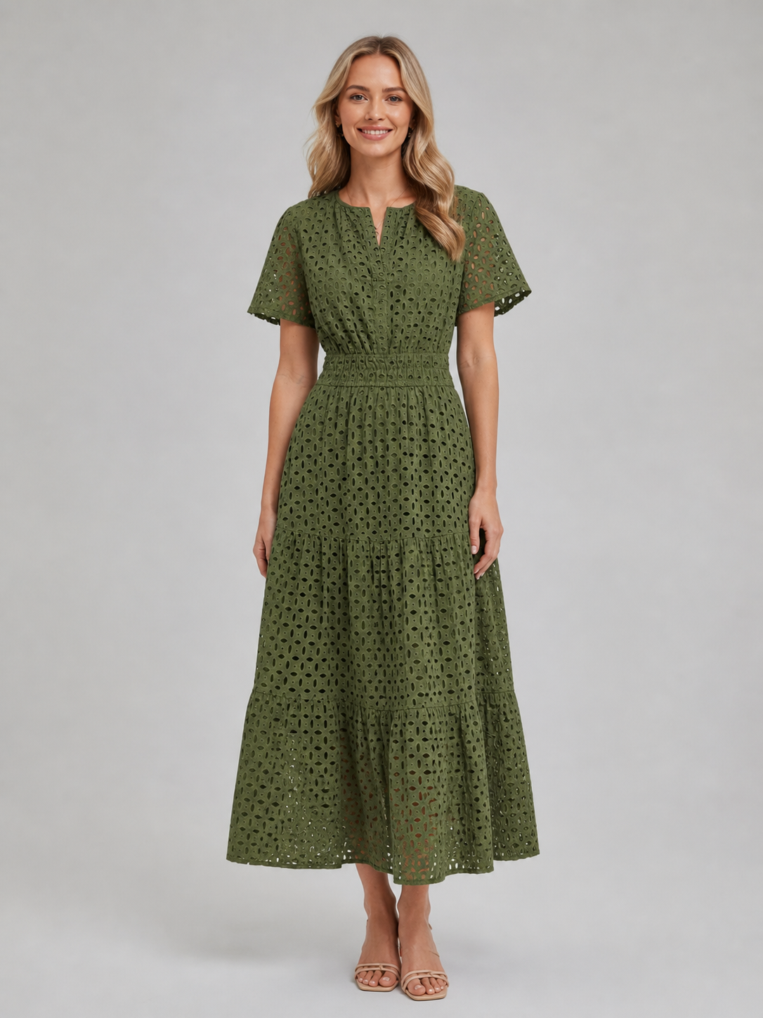 Women’s Eyelet A-Line Midi Dress – Cotton Blend Summer Style