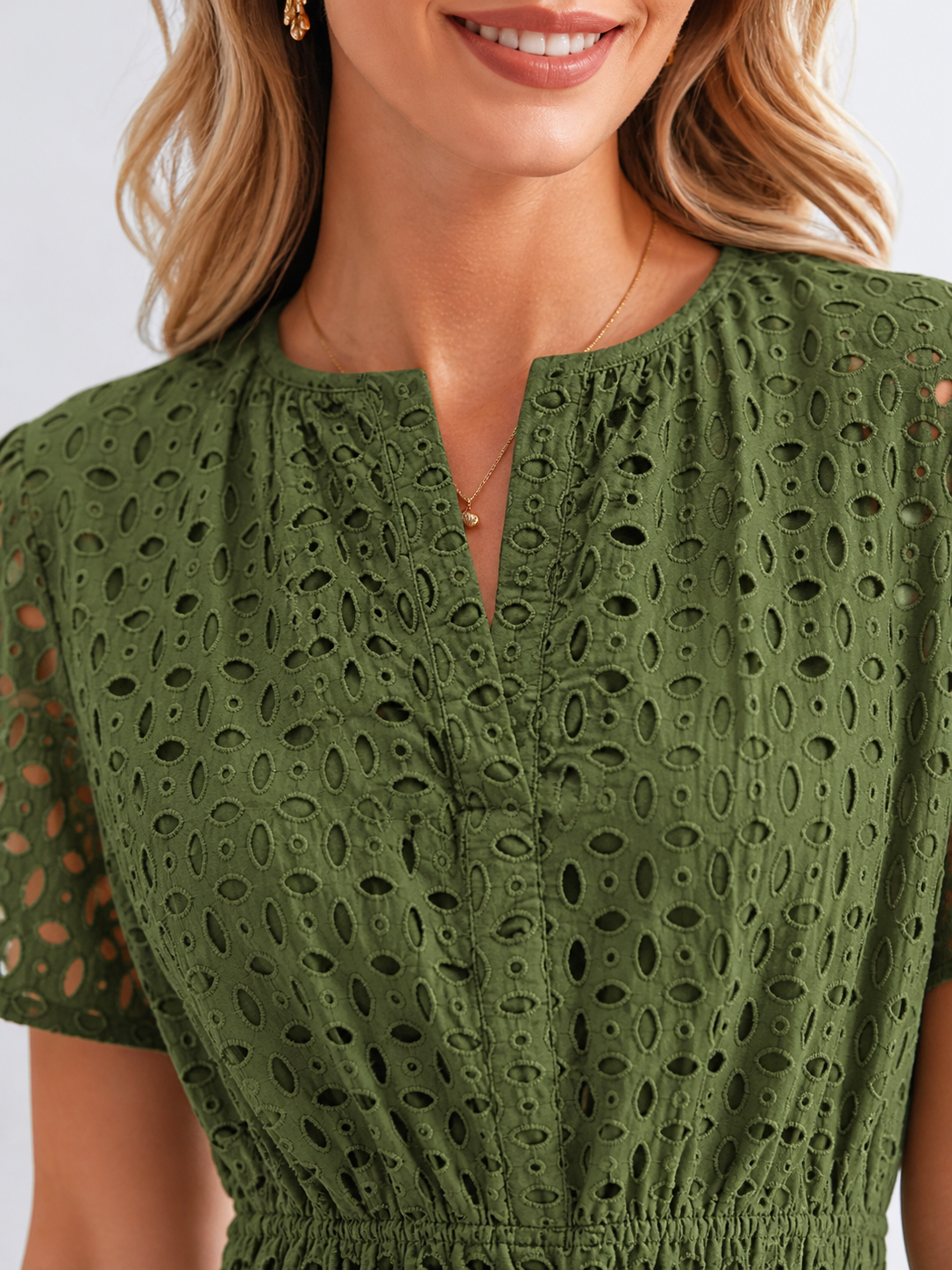 Women’s Eyelet A-Line Midi Dress – Cotton Blend Summer Style