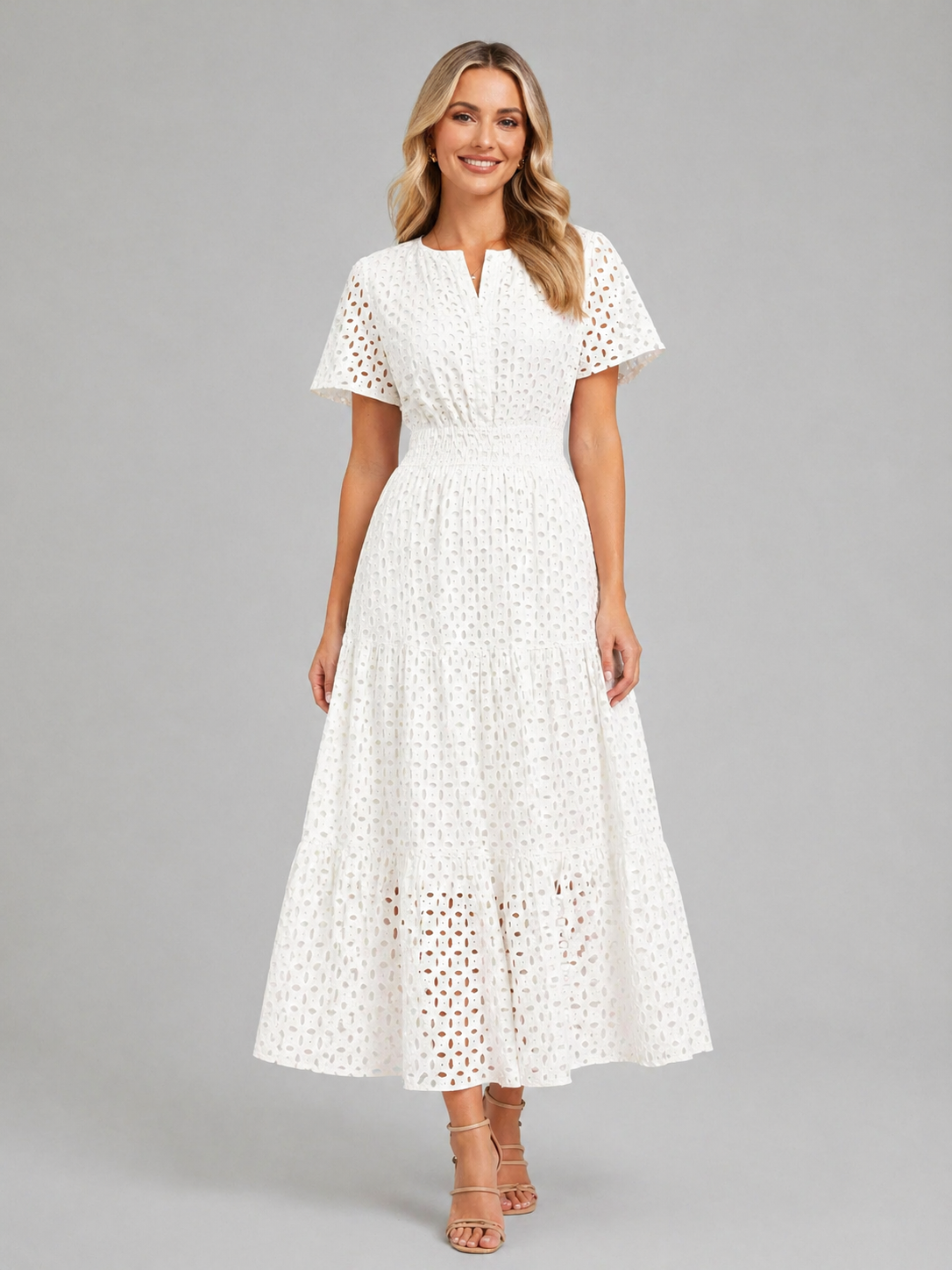 Women’s Eyelet A-Line Midi Dress – Cotton Blend Summer Style