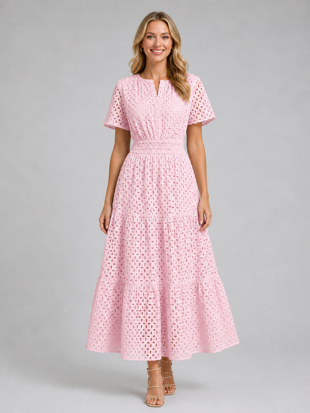 Women’s Eyelet A-Line Midi Dress – Cotton Blend Summer Style