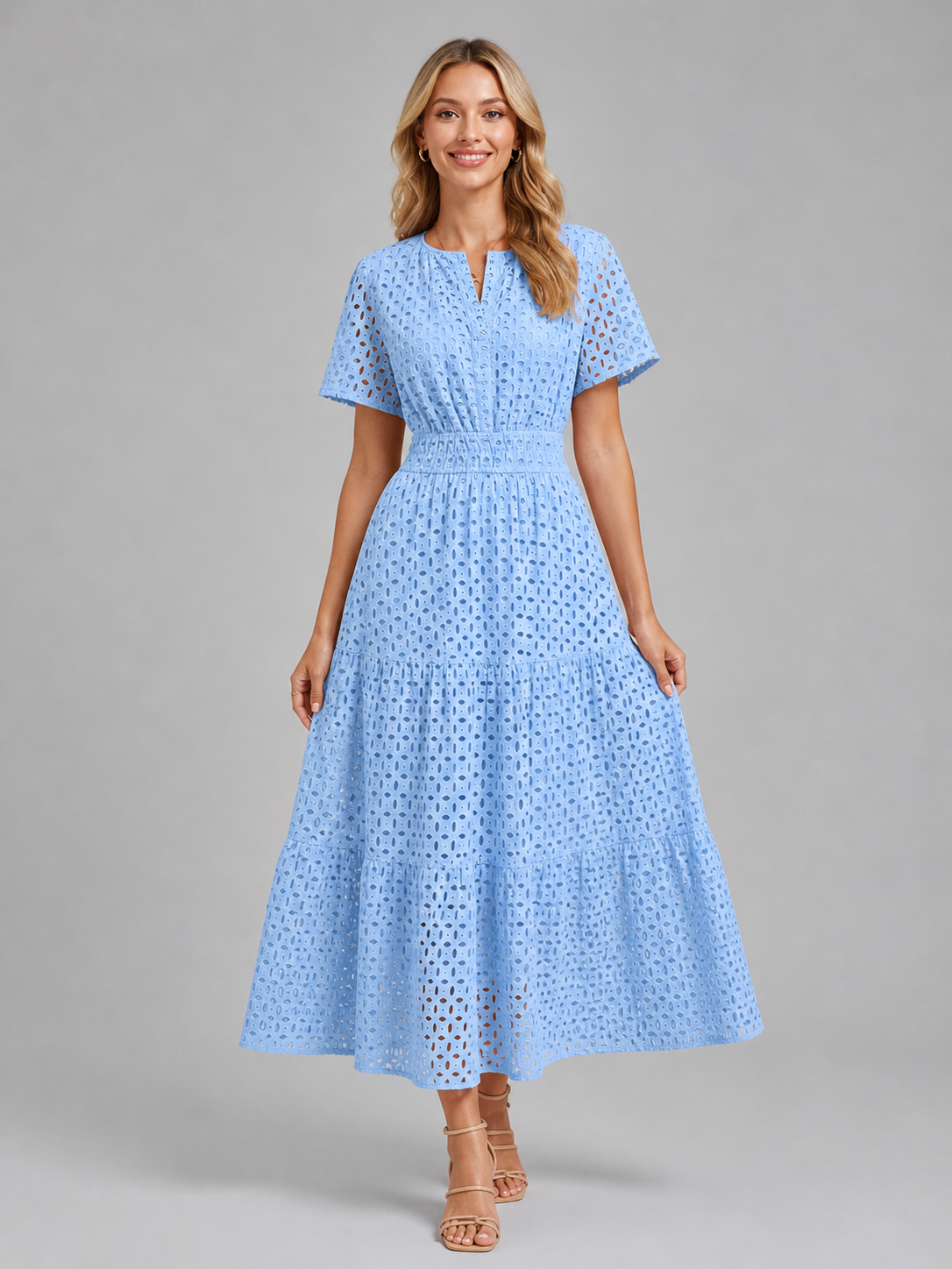 Women’s Eyelet A-Line Midi Dress – Cotton Blend Summer Style