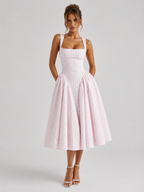 Women’s Gingham Midi Dress – Sculpted Waist Full Skirt Fit