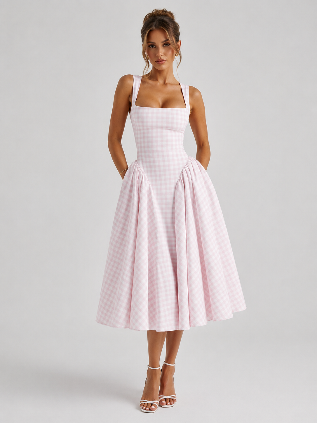 Women’s Gingham Midi Dress – Sculpted Waist Full Skirt Fit