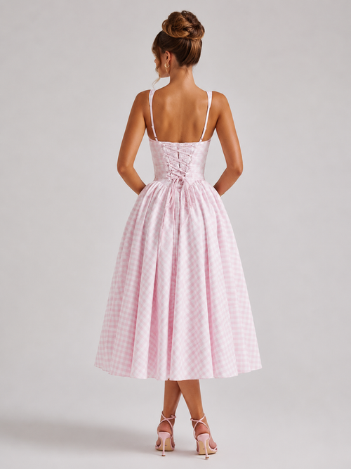 Women’s Gingham Midi Dress – Sculpted Waist Full Skirt Fit