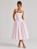 Women’s Gingham Midi Dress – Sculpted Waist Full Skirt Fit