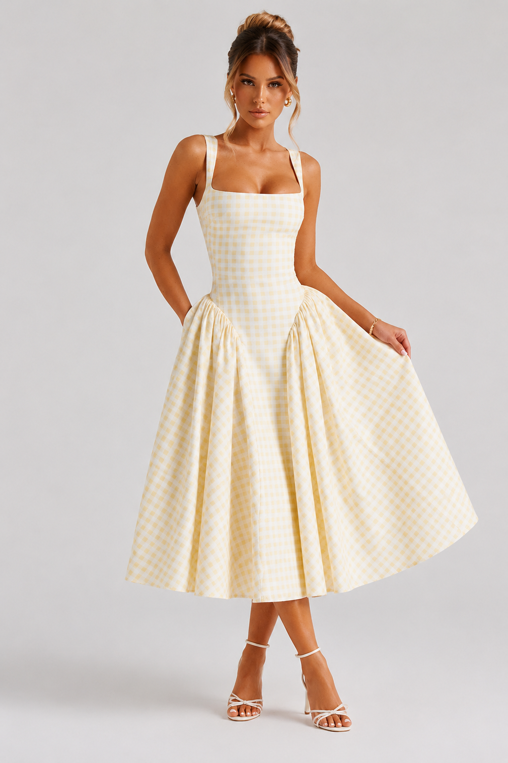 Women’s Gingham Midi Dress – Sculpted Waist Full Skirt Fit