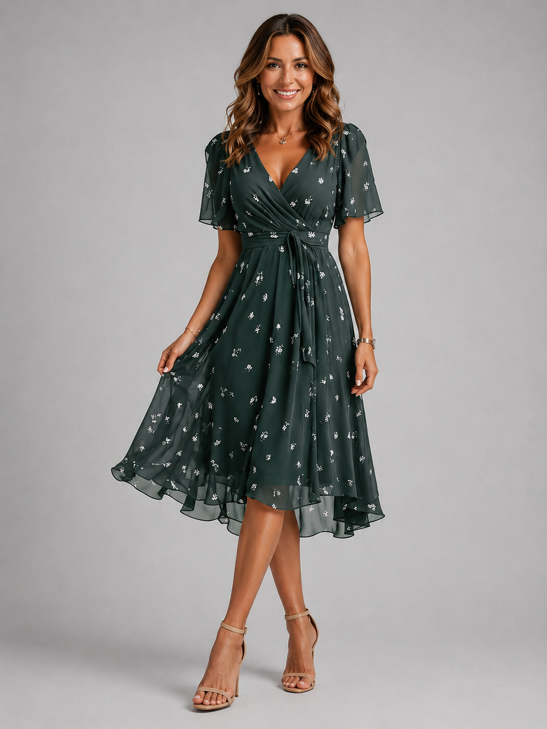 Women’s V-Neck Midi Summer Dress – Flowing Silhouette