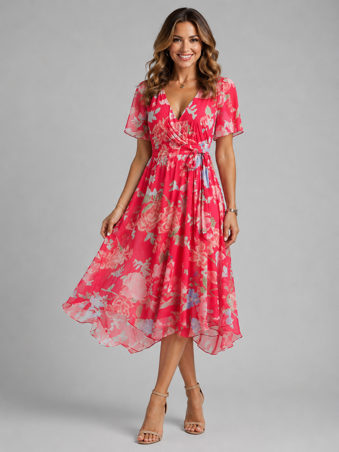 Women’s V-Neck Midi Summer Dress – Flowing Silhouette