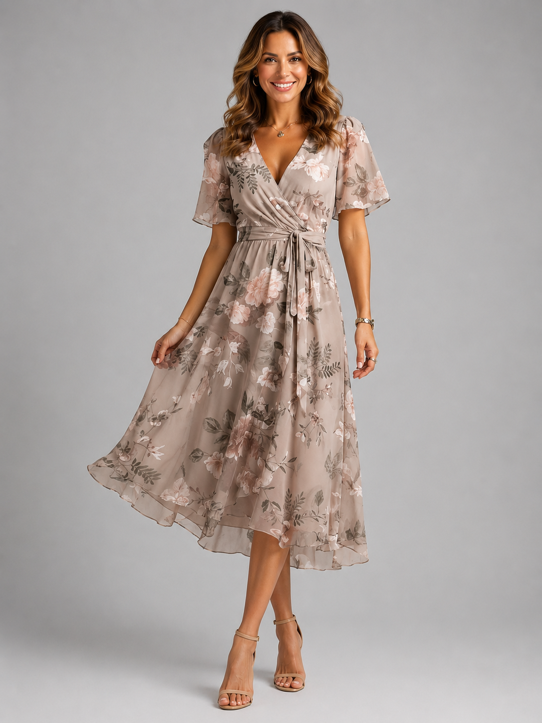 Women’s V-Neck Midi Summer Dress – Flowing Silhouette