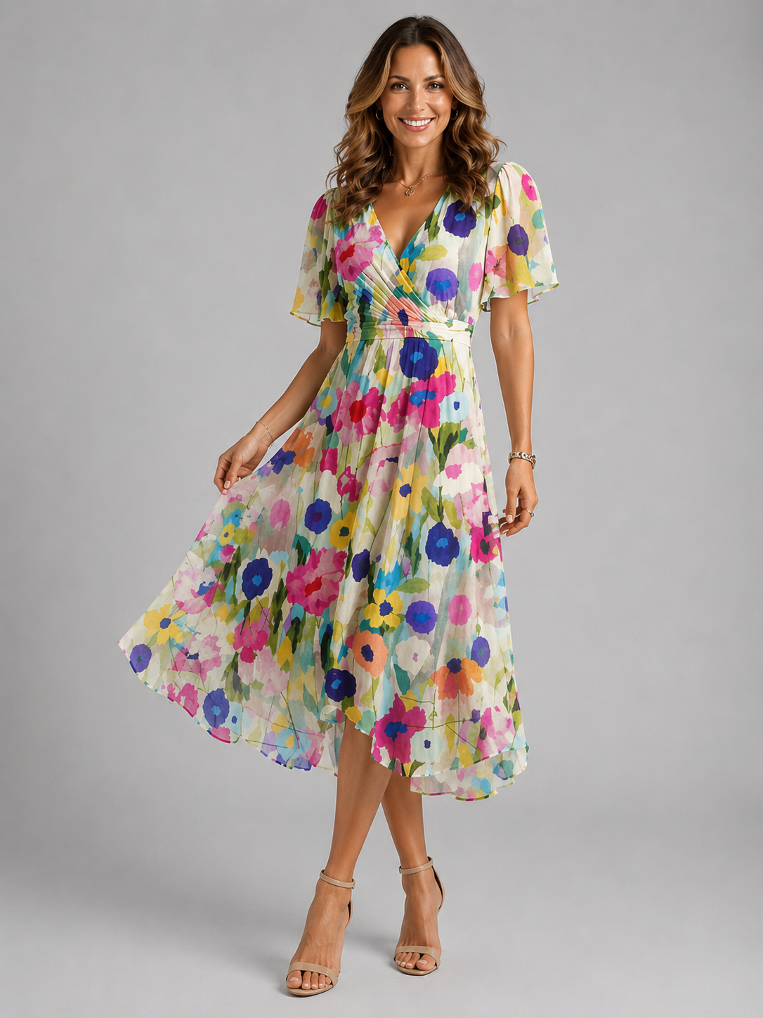 Women’s V-Neck Midi Summer Dress – Flowing Silhouette
