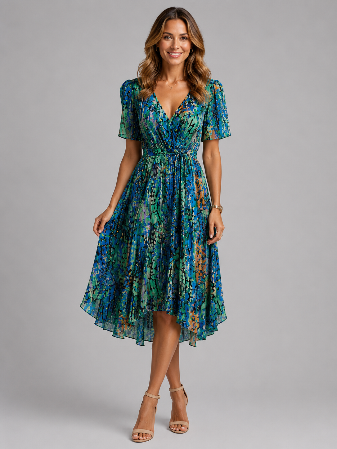 Women’s V-Neck Midi Summer Dress – Flowing Silhouette